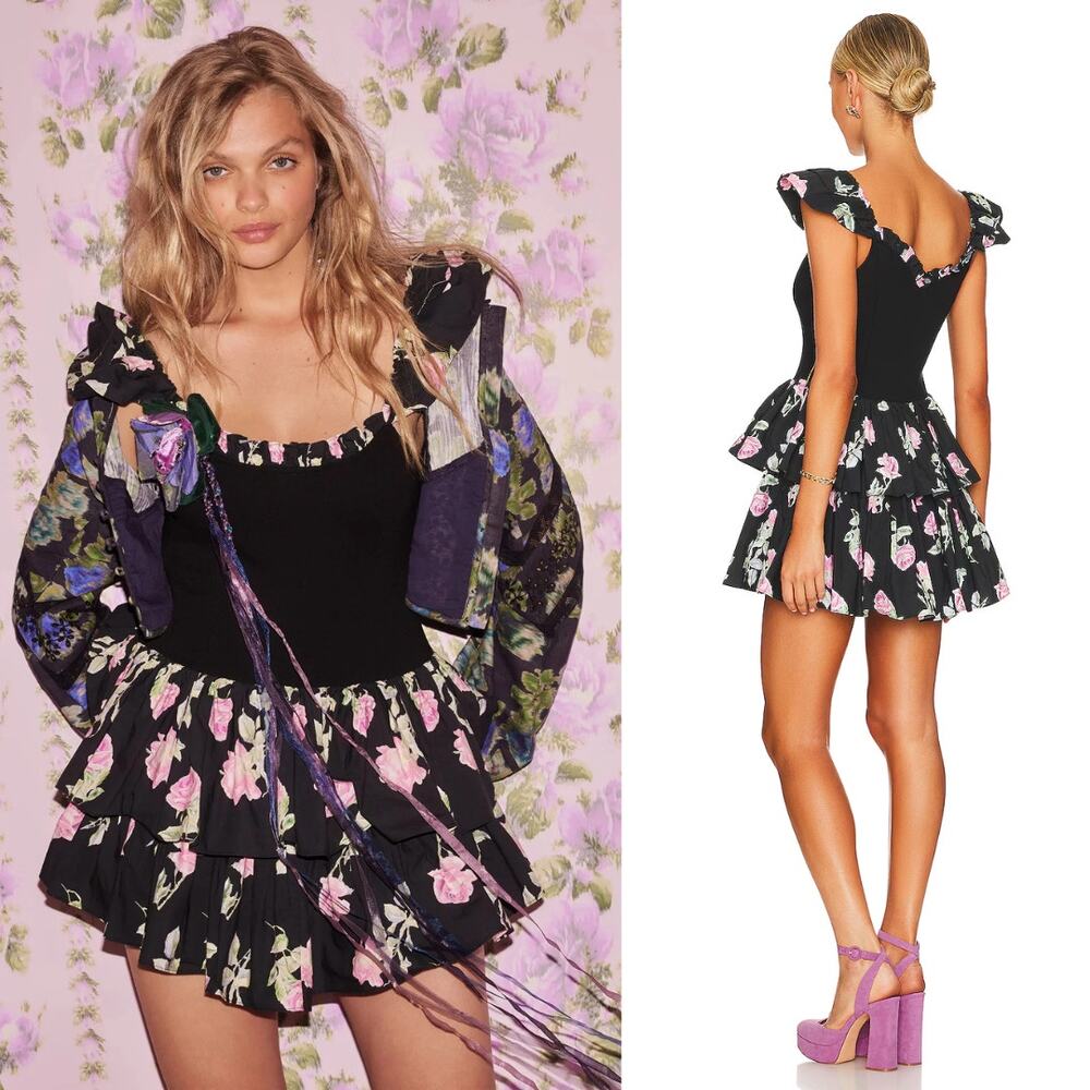 LoveShackFancy Sanam Mini Dress Painted Mime Black‎ Floral Size 8 NWT